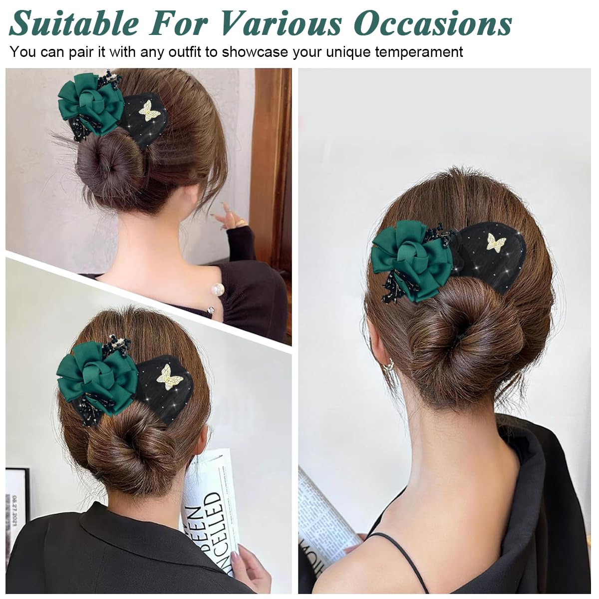 Venzina® Hair Buns for Women Girls Magic Bun Maker for Hair Flawless French Hair Bun Clips for Women Elegant Floral Pearl Bun Maker Headpiece Hair Accessories for Women Birthday Gift - Green