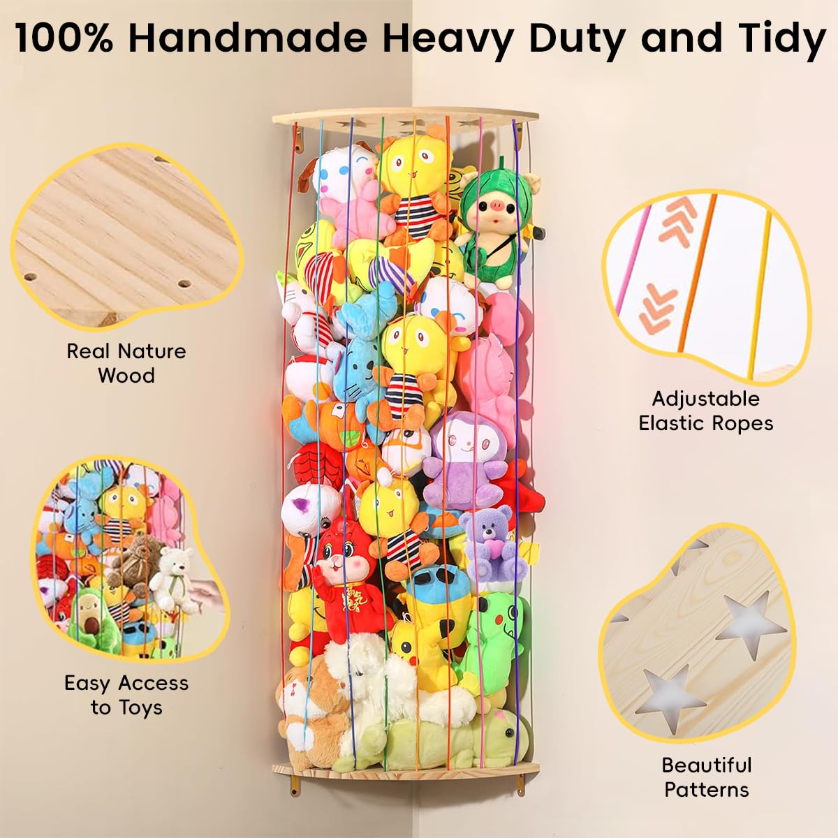 SNOWIE SOFT Wall Corner Organizer for Stuffed Toys featuring Elastic Rope Storage 44–77 in with Wooden Base and Roof | Space‑Saving Display for Kids Room