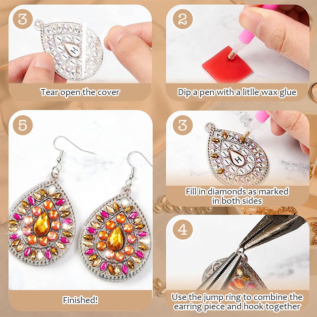 HASTHIP Diamond Painting Earrings Kit for Women with 4 Pairs Sparkling Fish Hook Designs | DIY Jewelry Gift Set