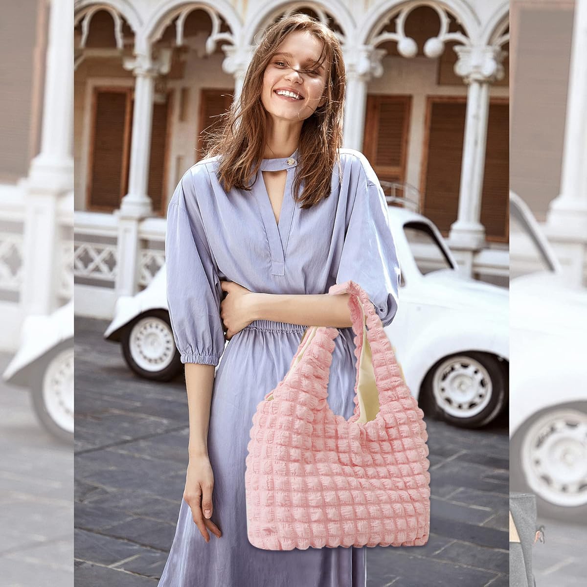 PALAY Puffy Shoulder Bag for Everyday Use with Soft Quilted Design 39x30cm Pink Handbag