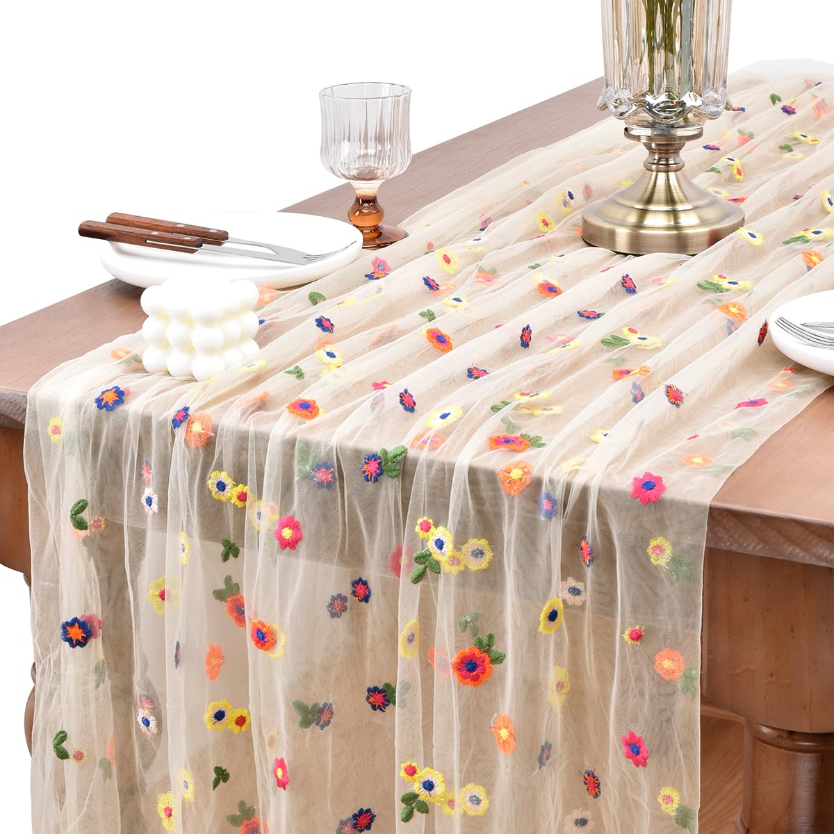 HASTHIP® Champagne Embroidery Daisy Spring Summer Table Runner 10ft Florals Seasonal Easter Tulle Table Runner Holiday Kitchen Dining Decoration for Home Party Indoor