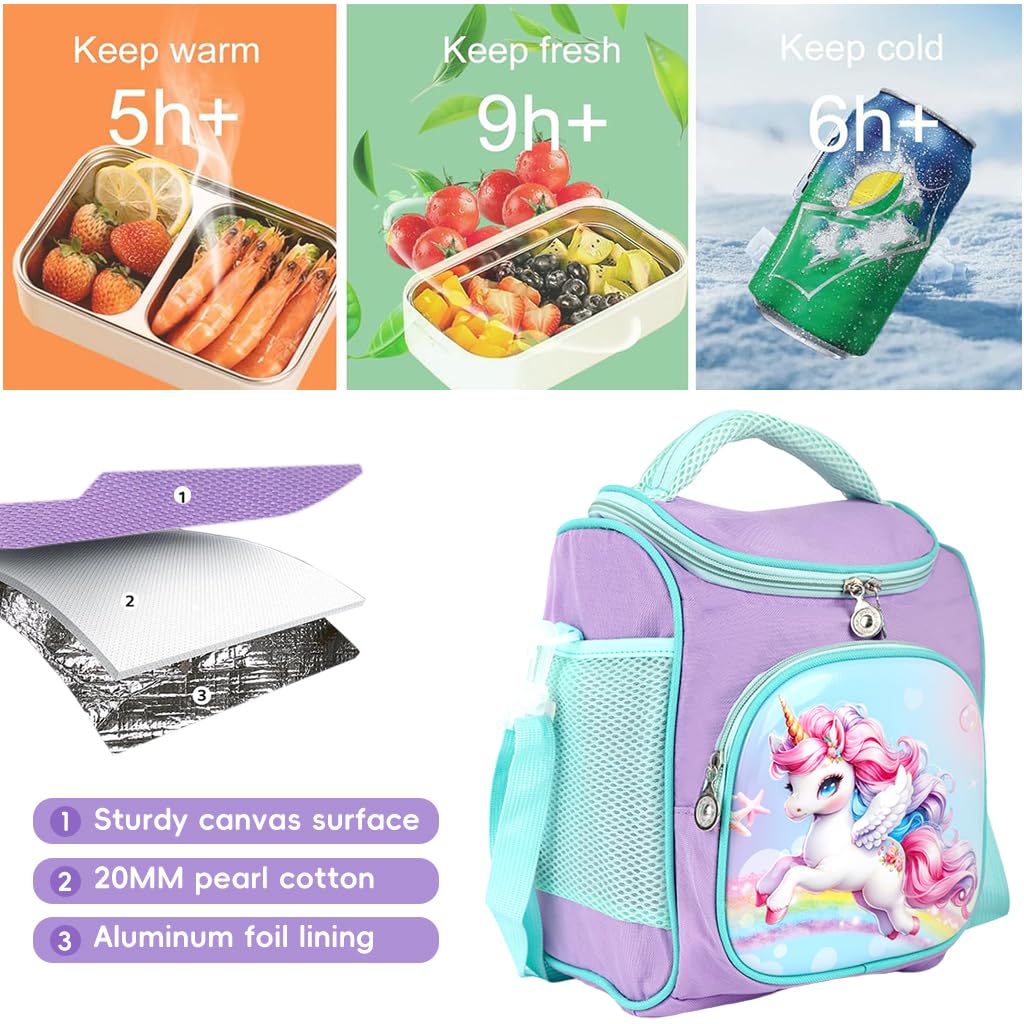 Supvox Lunch Bag for Kids Girls featuring Thermal Insulation and 9.8x8.2x6.3 in Size | Cute Unicorn Design