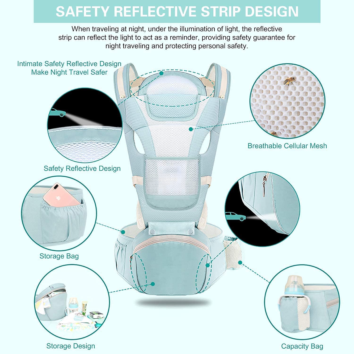 SNOWIE SOFT Baby Carrier with Lumbar Support and 6‑in‑1 Ergonomic Design for 30 kg | Breathable Cotton & Reflective Safety Strip