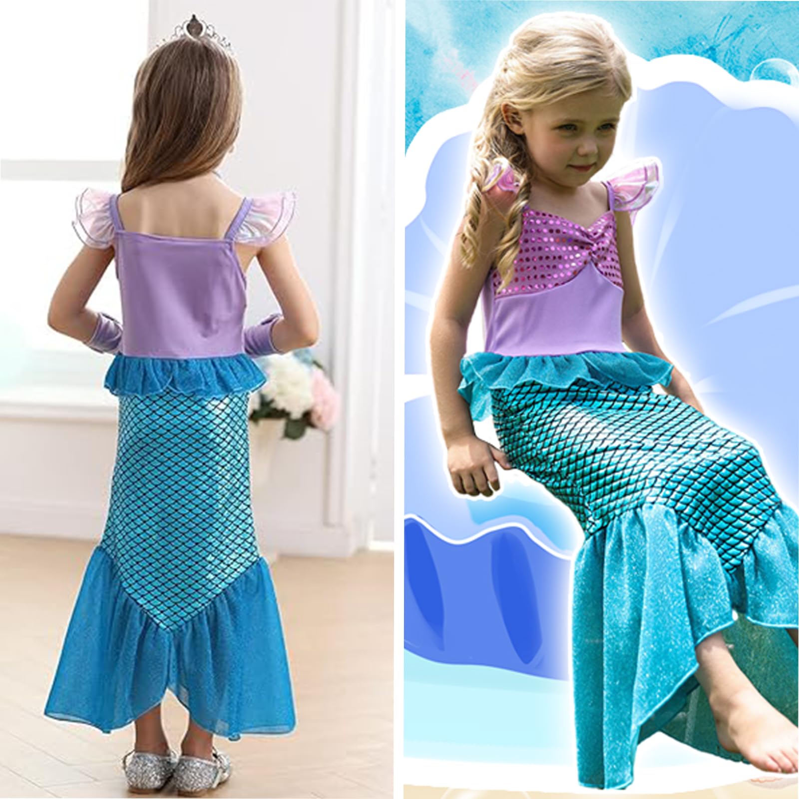 PATPAT Mermaid Dress for Girls with Jewelry Set and Lace Tail 85cm Length | Navy Purple 5-6 Years