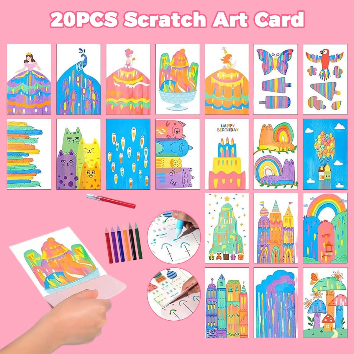 PATPAT DIY Rainbow Scratch Paint Art Kit for Party Fun with 20 Sheets and Dot Squeegee | Includes Stickers and Postcard Backs