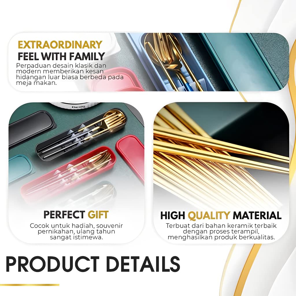 ELEPHANTBOAT Cutlery Set for Travel and Home with Storage Case | 3 Pcs Gold Stainless Steel Flatware