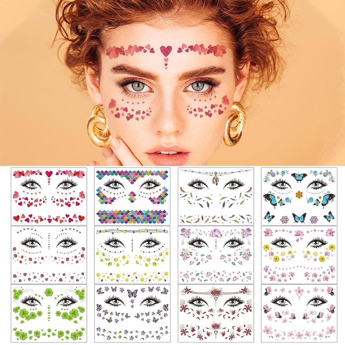 MAYCREATE® 12 Sheets Glitter Face Temporary Tattoo for Women Girls, Charming Decals Flowers Face Arm Body Makeup Stickers, Waterproof Butterfly Fake Tattoos for Party, Halloween