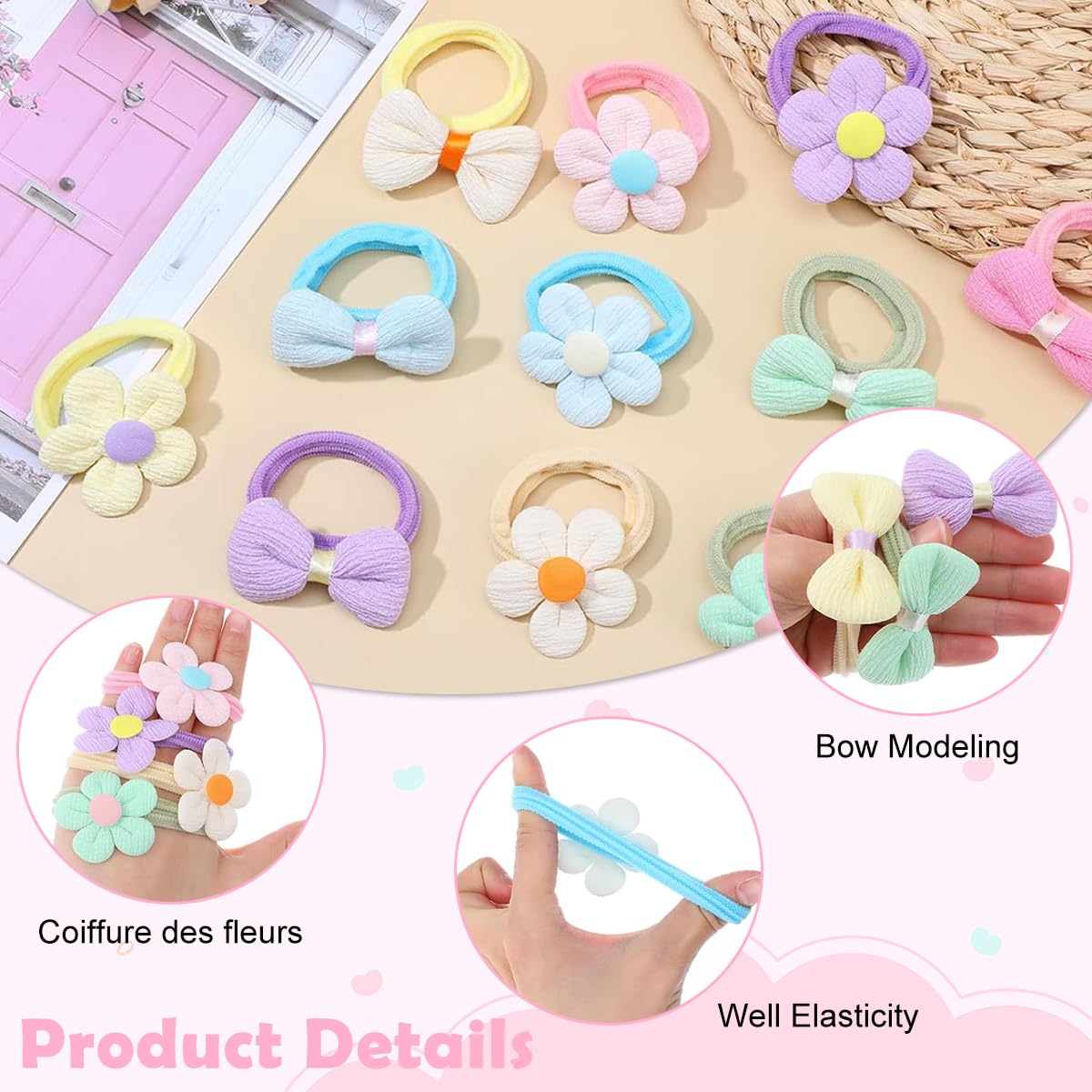 PATPAT Colorful Flower Bow Rubber Bands for Girls with Elastic Stretch | 24 Pcs Non Slip Hair Ties