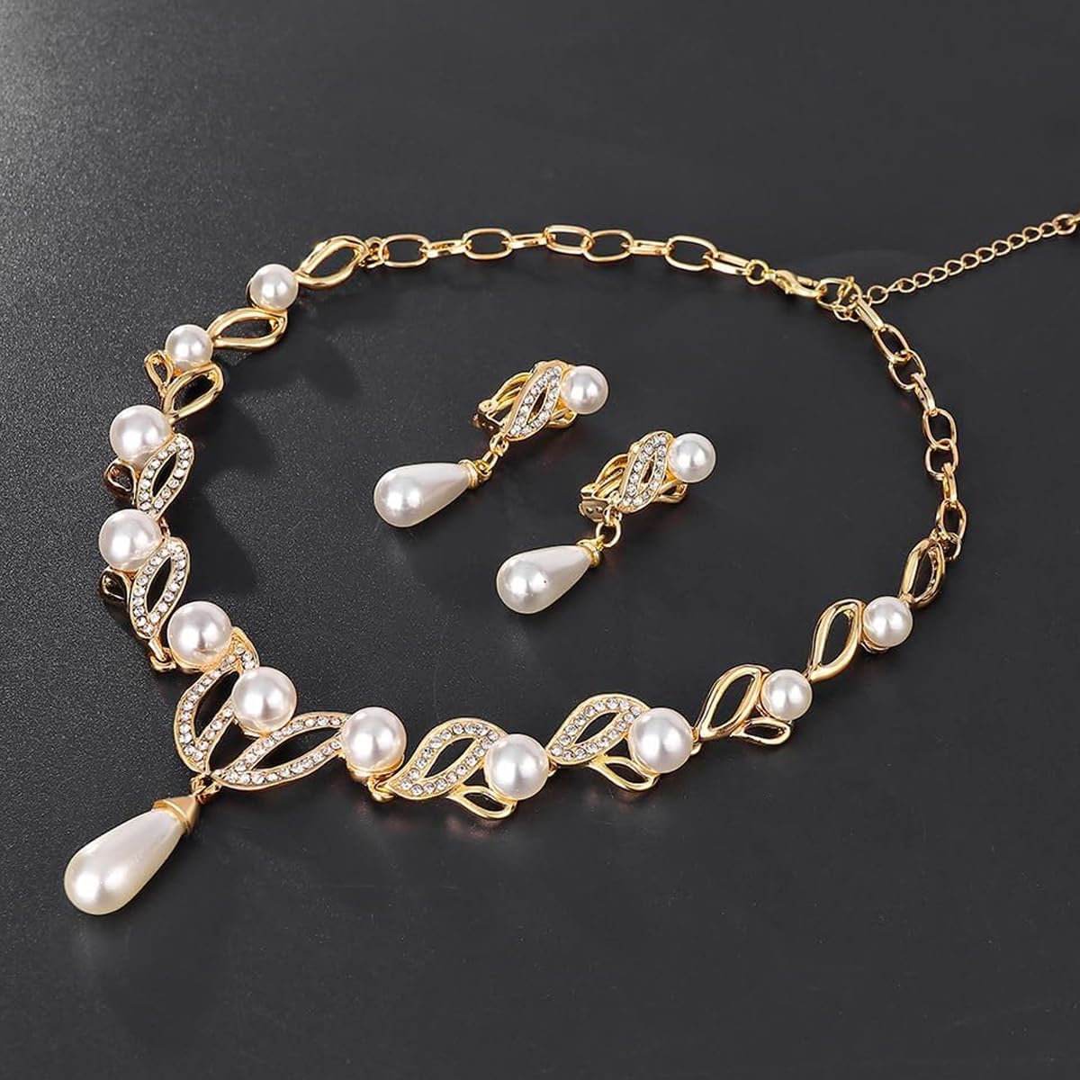 Venzina Pearl Necklace Set for Women with Drop Earrings featuring Rhinestones and Gold Alloy | Elegant Jewellery Gift