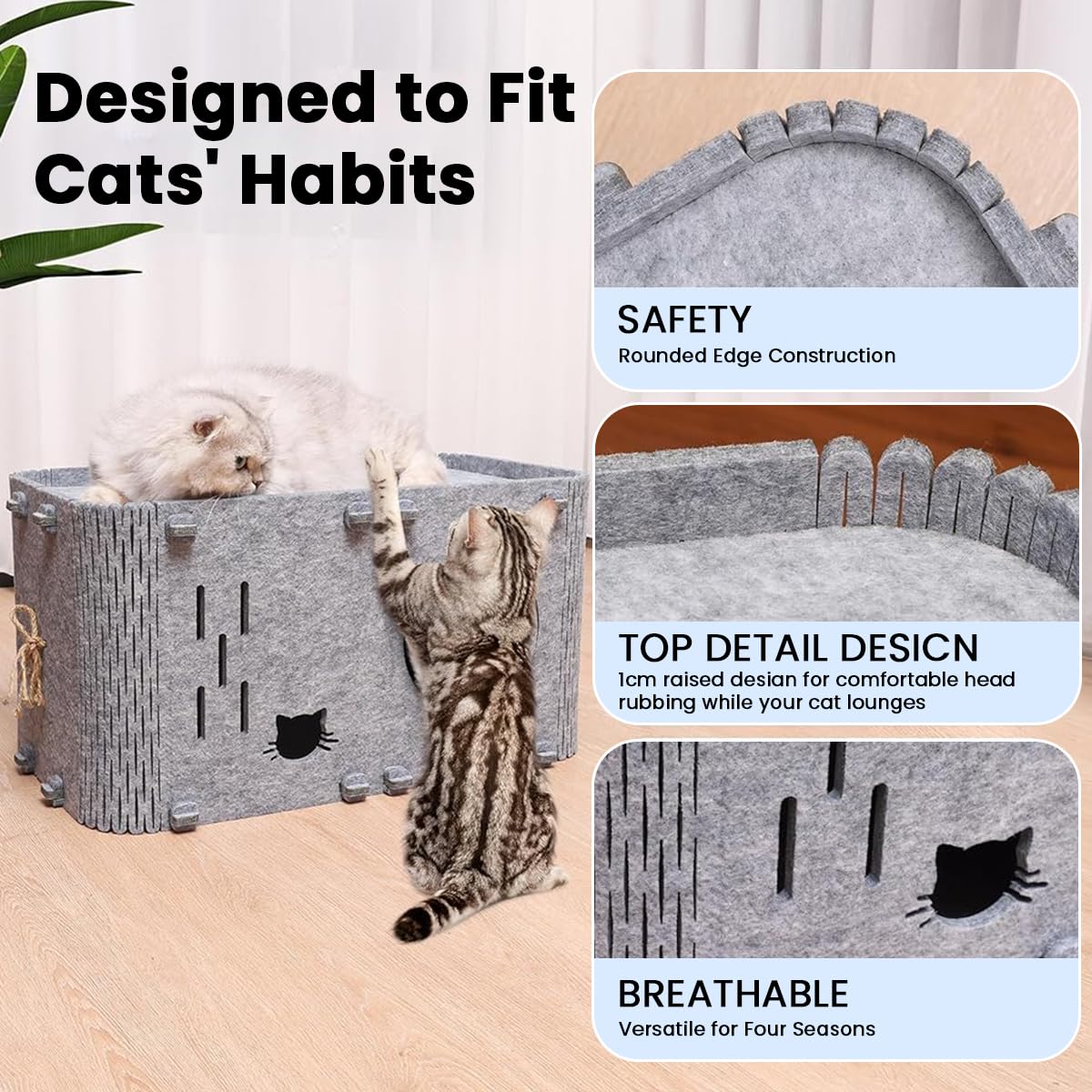 Qpets Cat Hiding Cave for Play and Rest featuring Open Hole Felt Design 60x35x30cm | DIY Assembly Scratcher Box