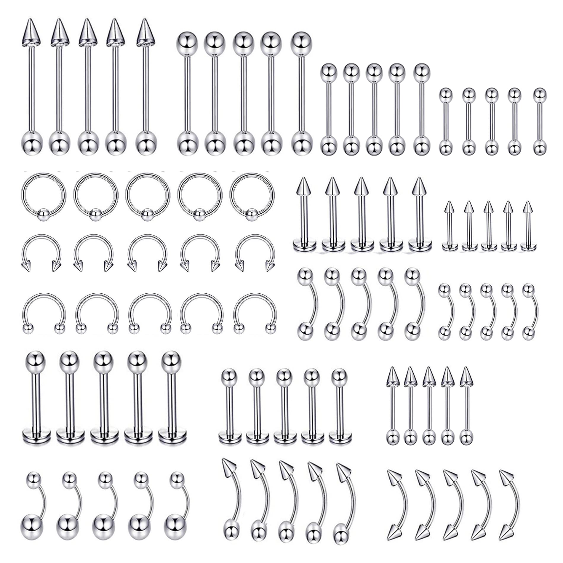 HASTHIP® 85 pcs Stylish Piercing Stainless Steel Body Jewelry Set for Women and Men For Lip,Tongue,Eyebrow,Nipple,Belly Button,Nose & Piercing Art