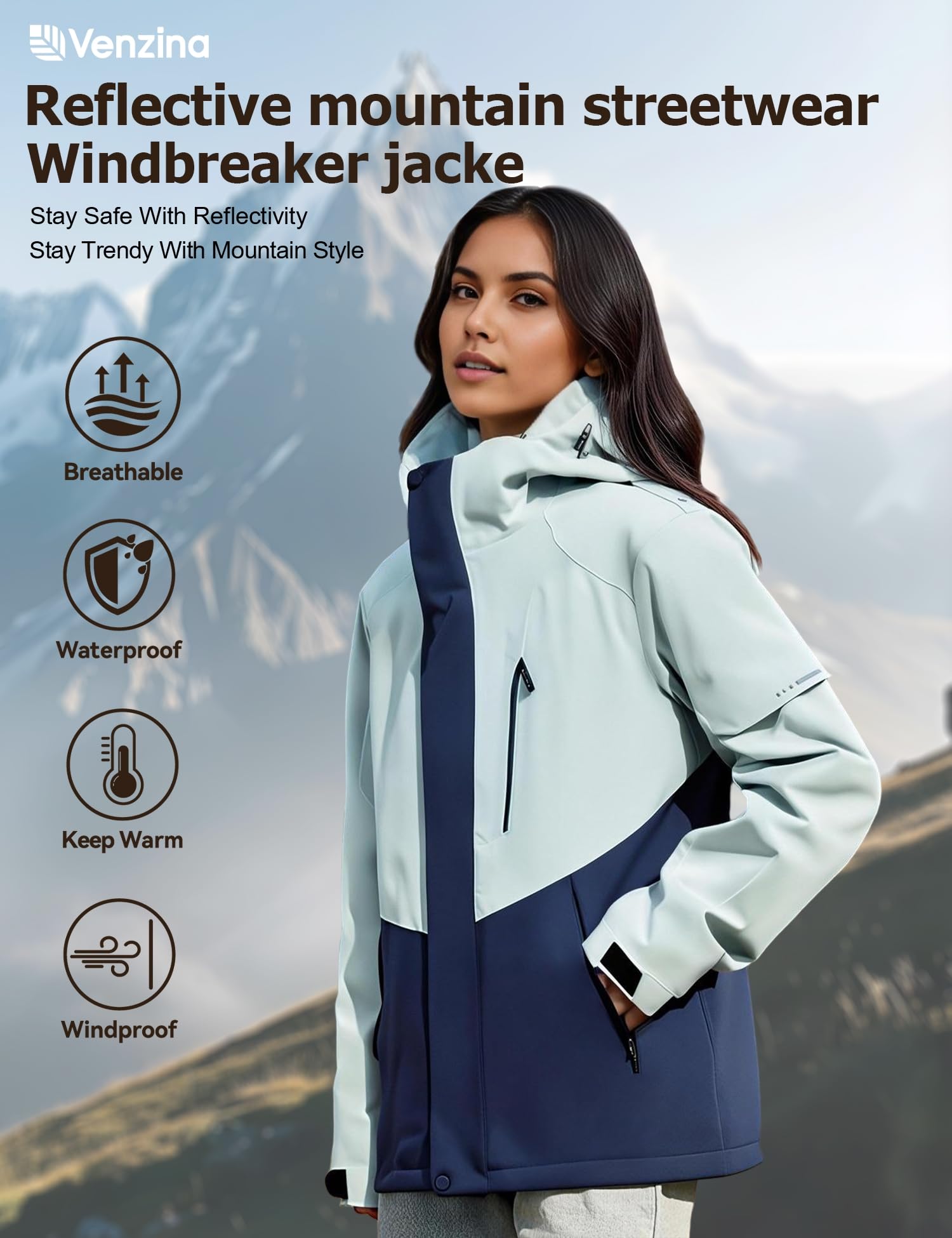 Venzina Women's Fashion Water Repellent Jacket for Hiking and Commute with Reflective Design and Breathable Windproof Fabric | Grey S