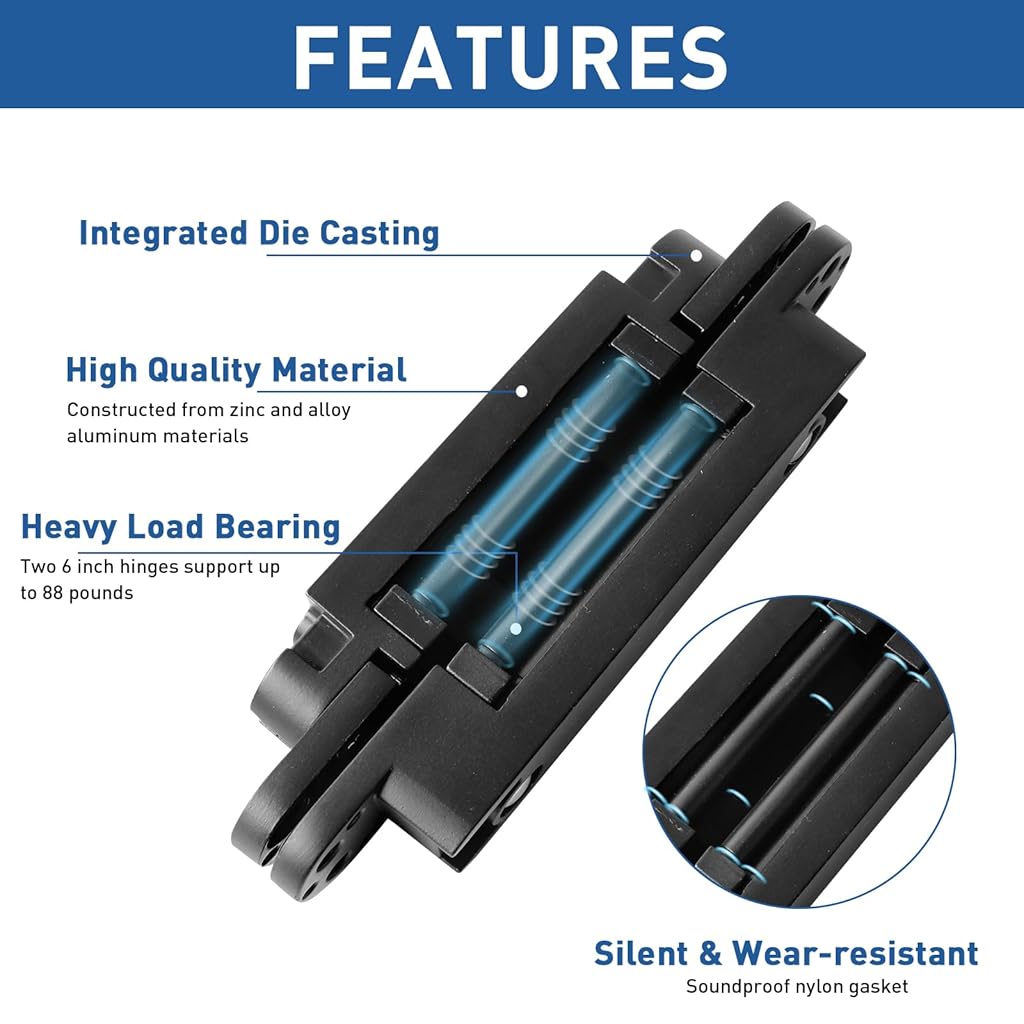 Serplex® Hidden Door Hinge, Invisible, Concealed, Secret 3-Way Adjustable Black Hinge for Doors (2 PCs)-Metallic