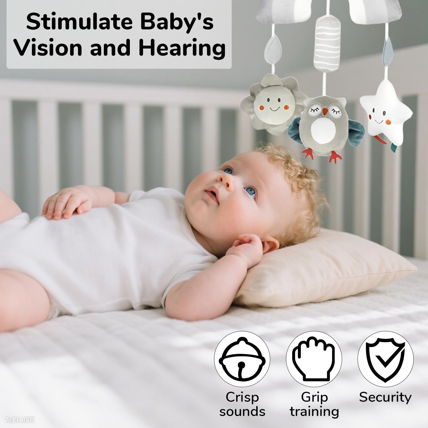 SNOWIE SOFT Owl Plush Baby Toy for Crib and Stroller with Squeaky Device | Low Saturation Colors