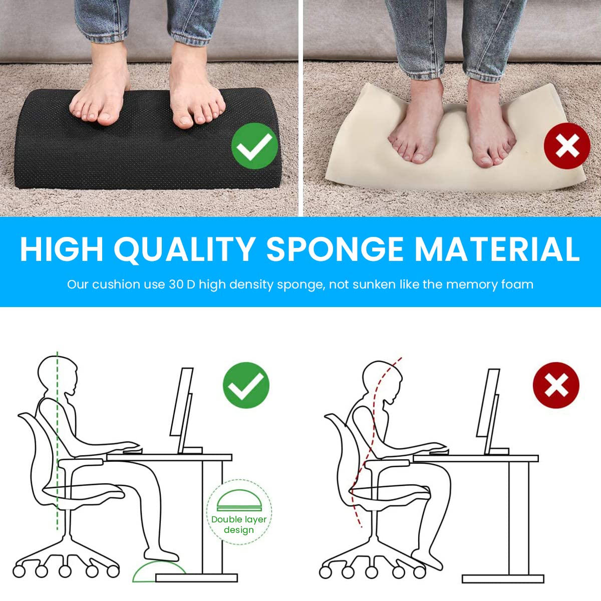 HASTHIP® Foot Rest for Office Chair, Foot Rest Under Desk, Ergonomic Design, Removable Cover With Anti-Skid Bottom, Memory Foam Footrest for Improved Posture and Stress Relief, Great For Home, Office