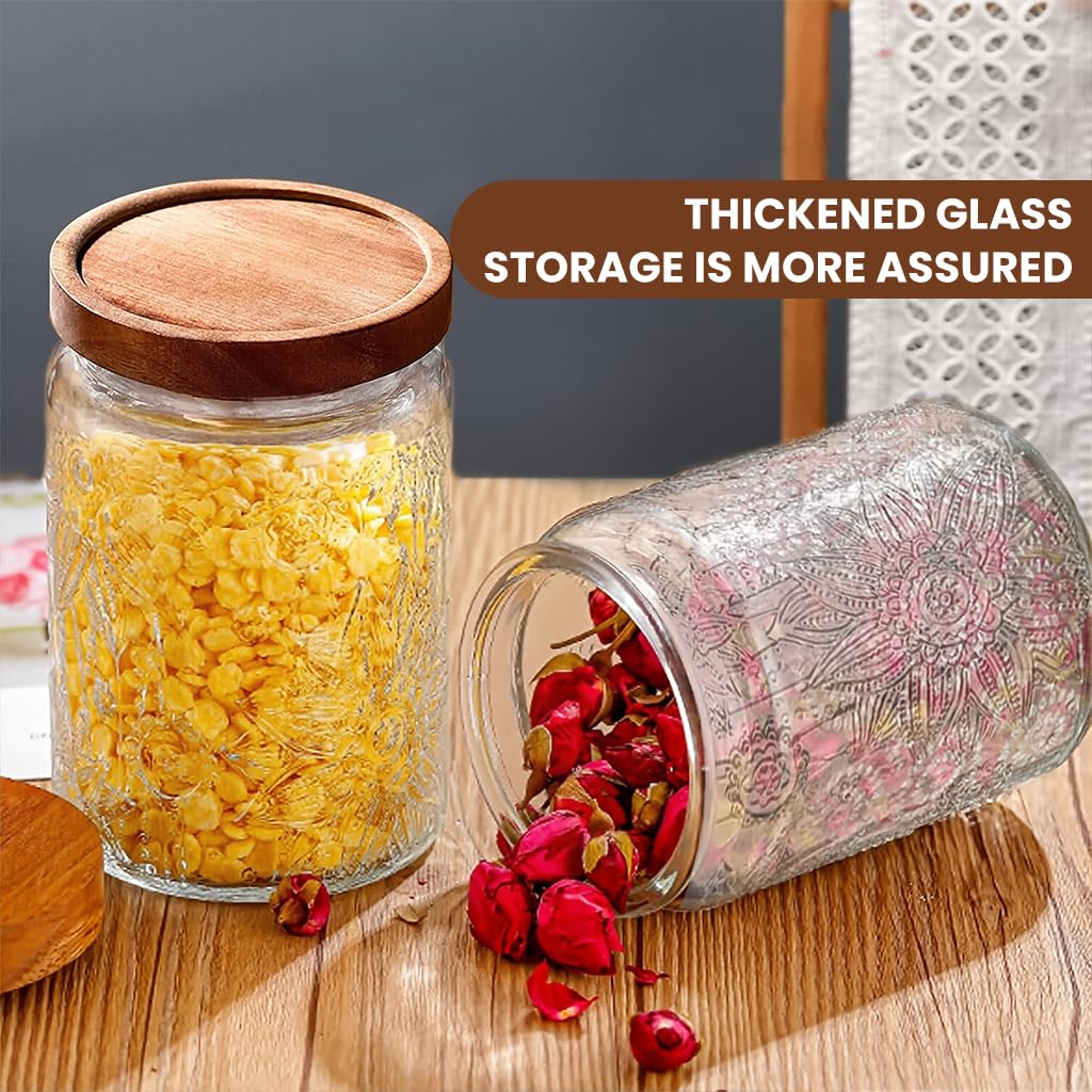 HASTHIP Mason Jar for Kitchen Storage with Airtight Wooden Lid and 24oz Glass Design | Vintage Embossed Food Container