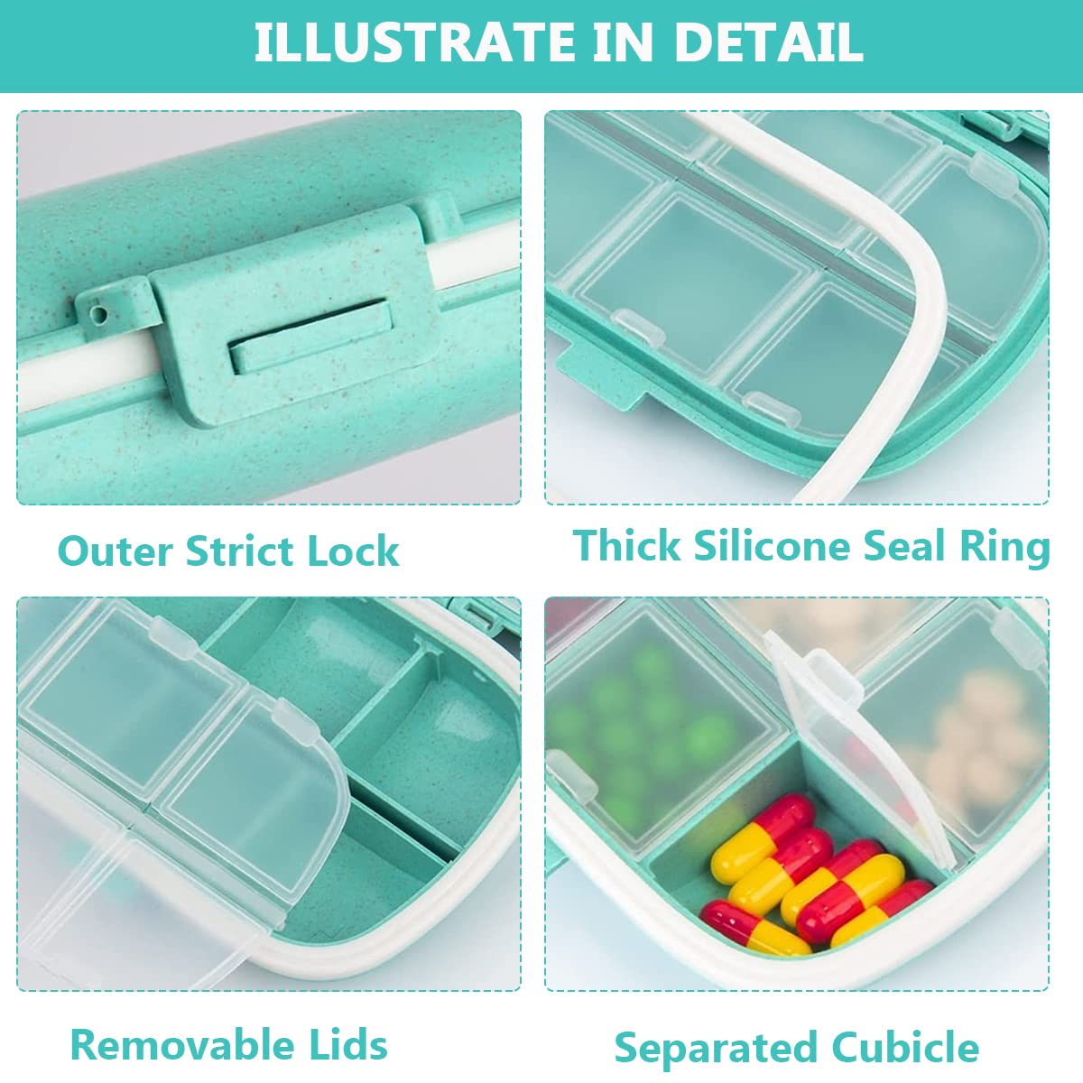 HANNEA Travel Pill Organizer for Daily Use with 8 Compartments featuring Detachable Transparent Case | Moisture Proof PP and Wheat Straw Material