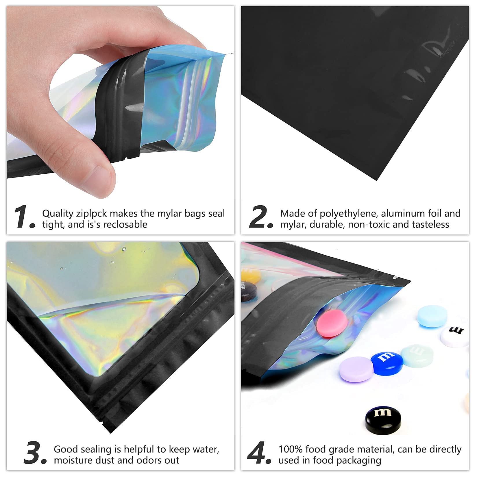HASTHIP Smell Proof Mylar Bags for Food and Jewelry with Tight Zip Seal 100 Pcs 7.5x12cm | Black and Holographic Design