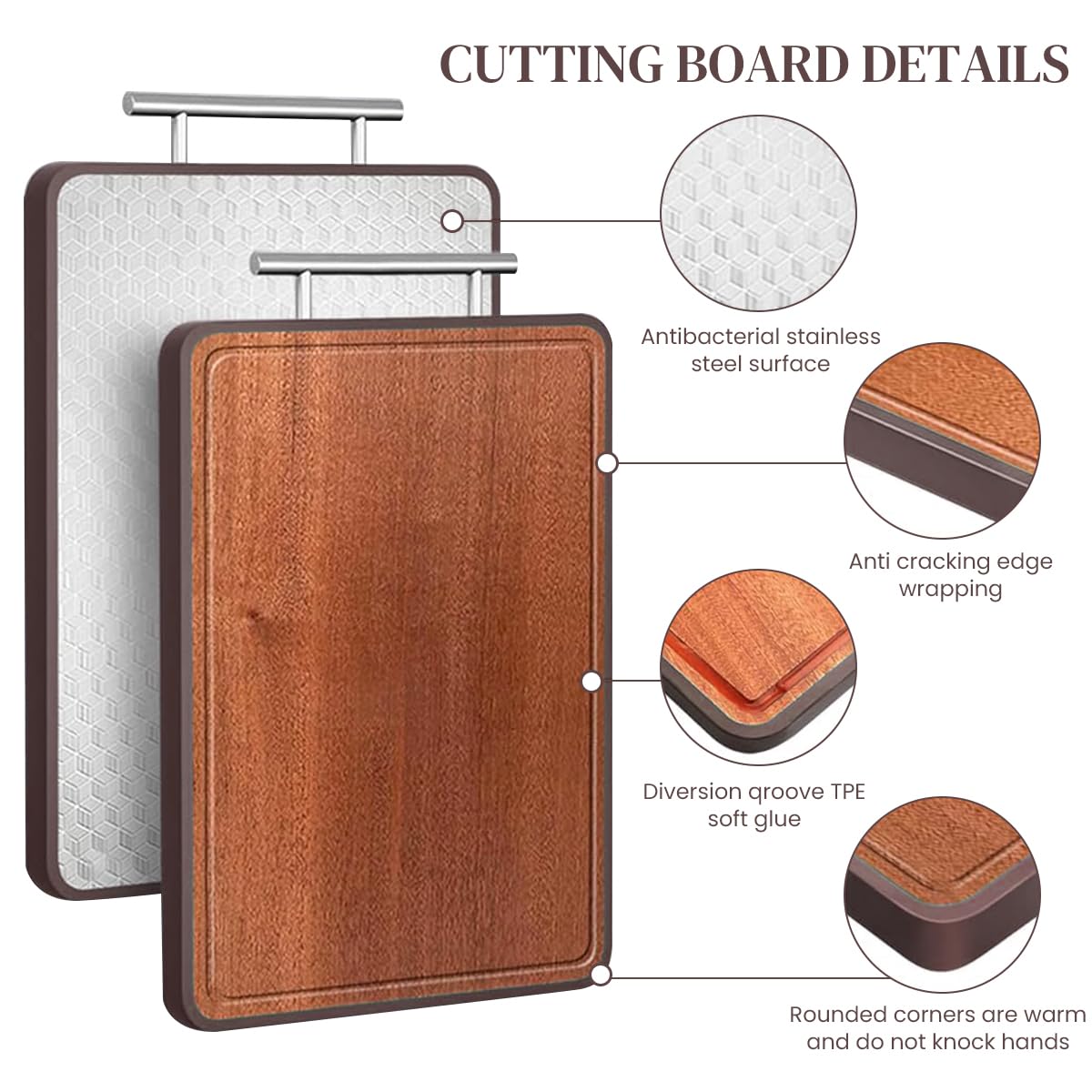 HASTHIP Cutting Board for Kitchen with Double Sided Steel and Ebony Wood 42.5x30.5x2cm