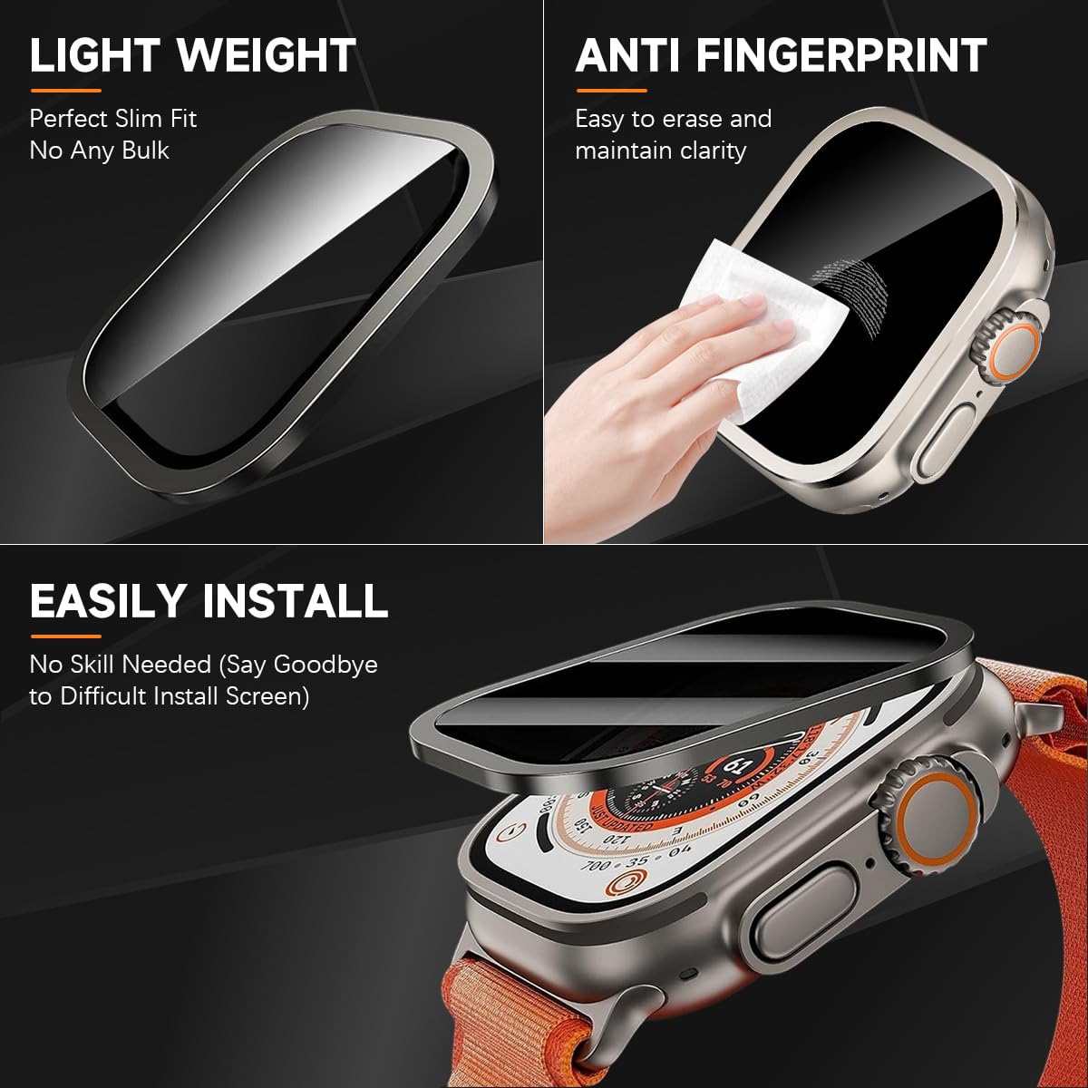 ZORBES Apple Watch Ultra Screen Protector 49mm with Titanium Alloy Frame | 9H Privacy Tempered Glass 2 Pack