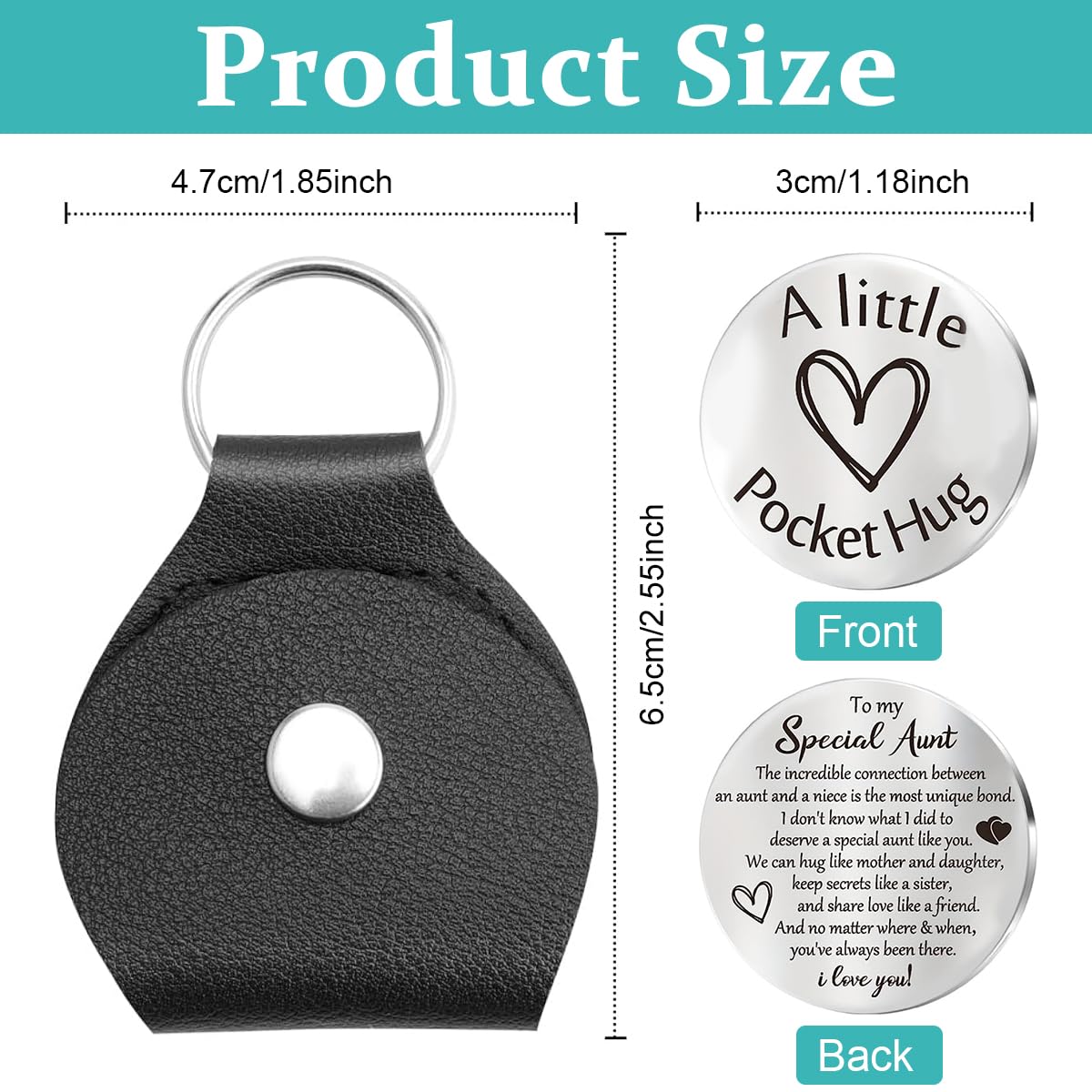 Zibuyu Pocket Hug Token Keychain for Long Distance Relationships with PU Leather Case | Stainless Steel Double Sided Engraved Gift of Love and Gratitude