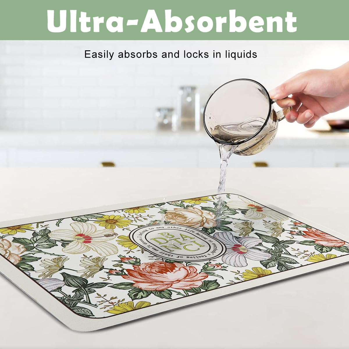 Supvox Dish Drying Mat for Kitchen 40x50cm with Non Slip Heat Resistant Sponge Core | Quick Dry Floral Counter Protector
