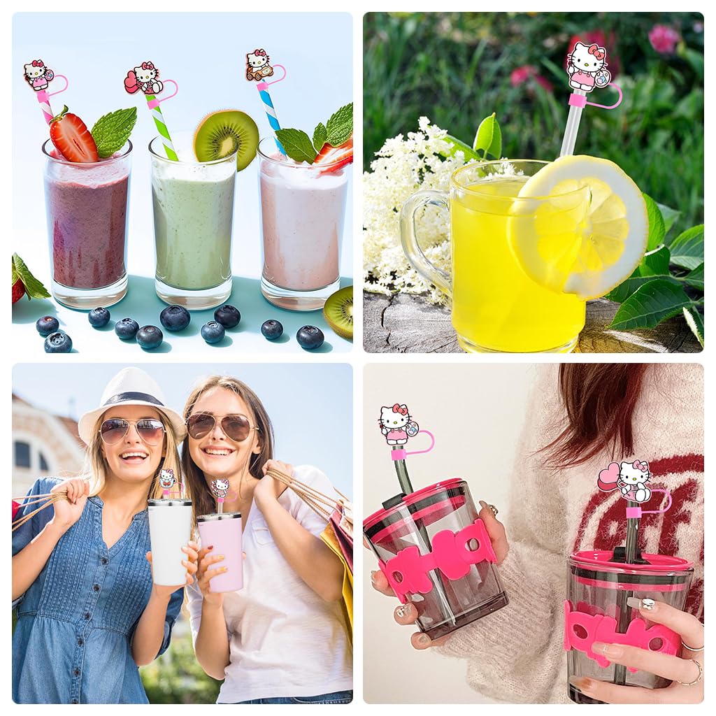 HASTHIP Cartoon Straw Covers for 10mm Tumblers featuring Loop Attachment and 6 Pink Cat Caps