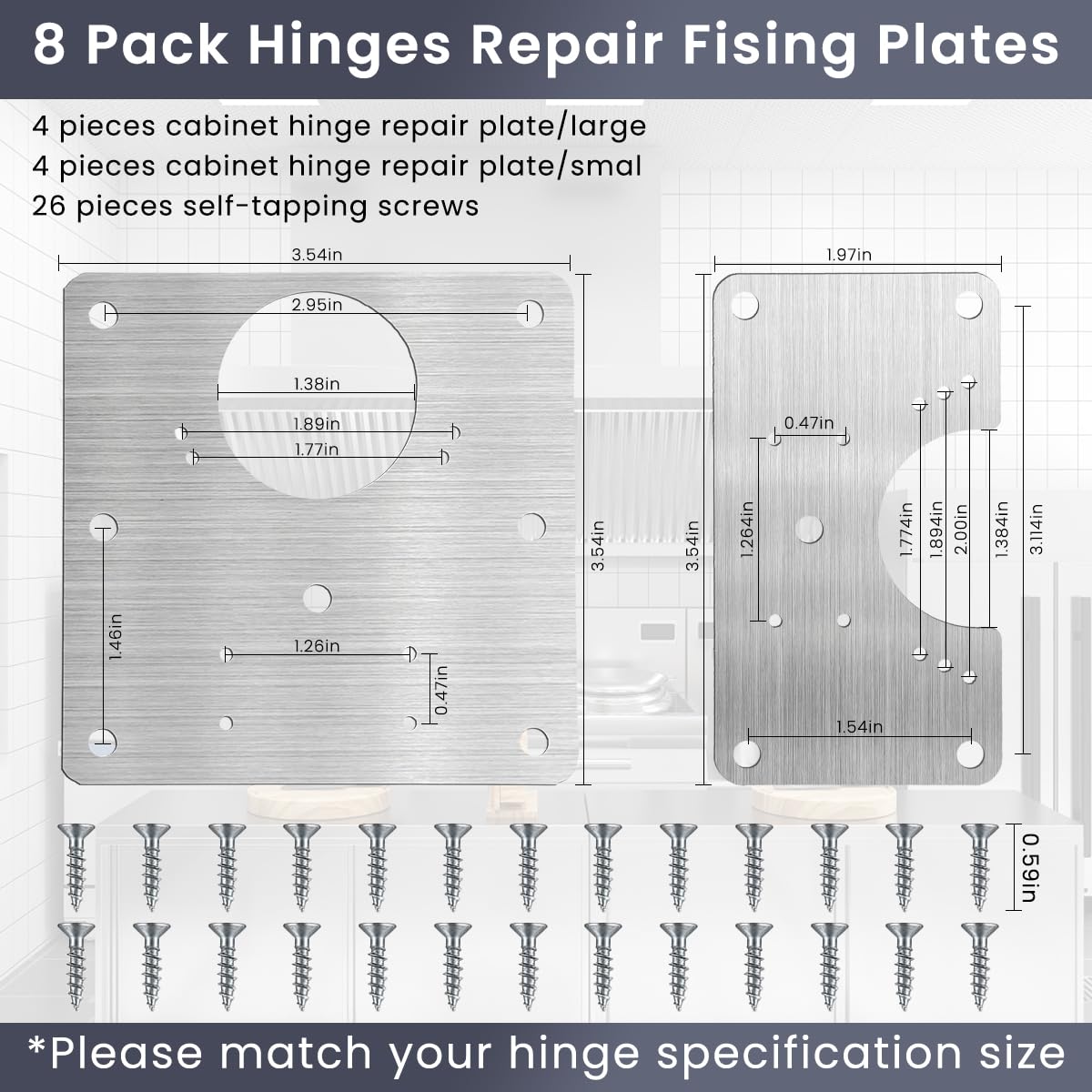 Serplex® 8Pcs Cabinet Hinges Repair Plate, Stainless Steel Hinge Repair Brackets Kit, Kitchen Cupboard Door Hinge Repair Plate Kit for Cabinets Fixing Screws, Protect Wooden Kitchen Cabinet Door