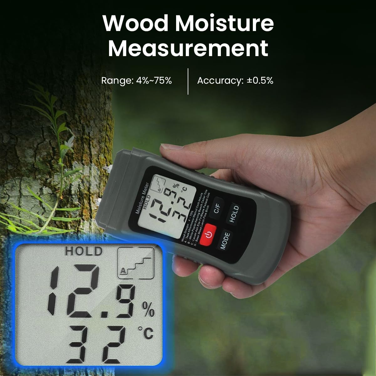 Serplex Wood Moisture Meter for Firewood and Lumber featuring Two Pin LCD Display | 0–99.9% Range