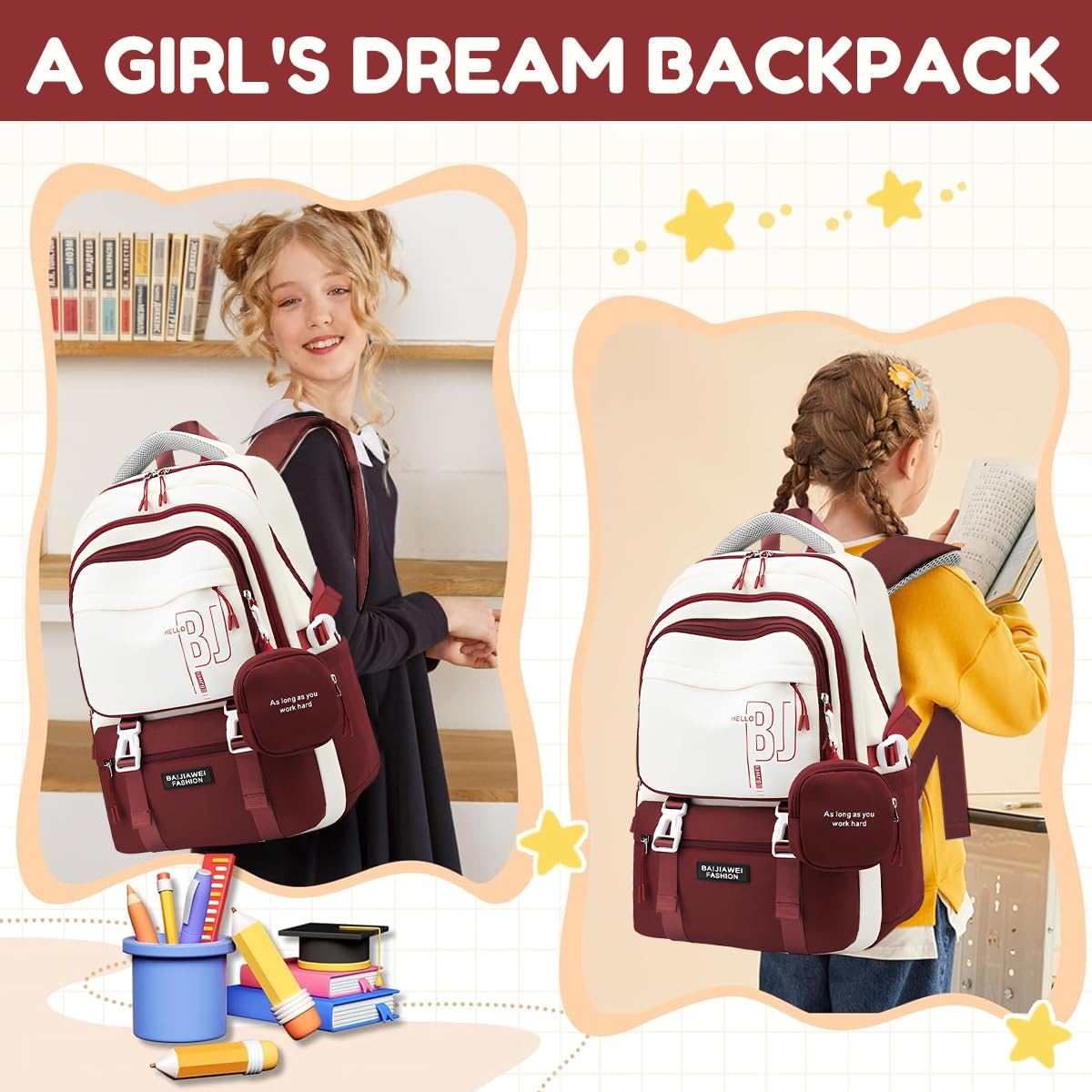 PALAY Girls Backpack for School and Travel with Multi Compartments and Small Zipper Pouch featuring Red Nylon Design | Comfortable Padded Straps