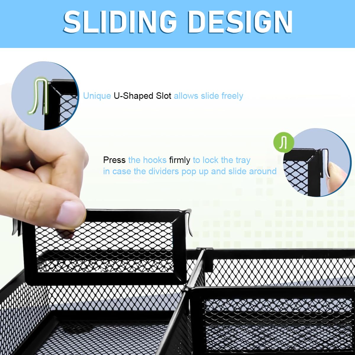 Desk Drawer Organizer Tray for Office and Home with 6 Adjustable Compartments 32x22x4.5cm Metal Mesh Design