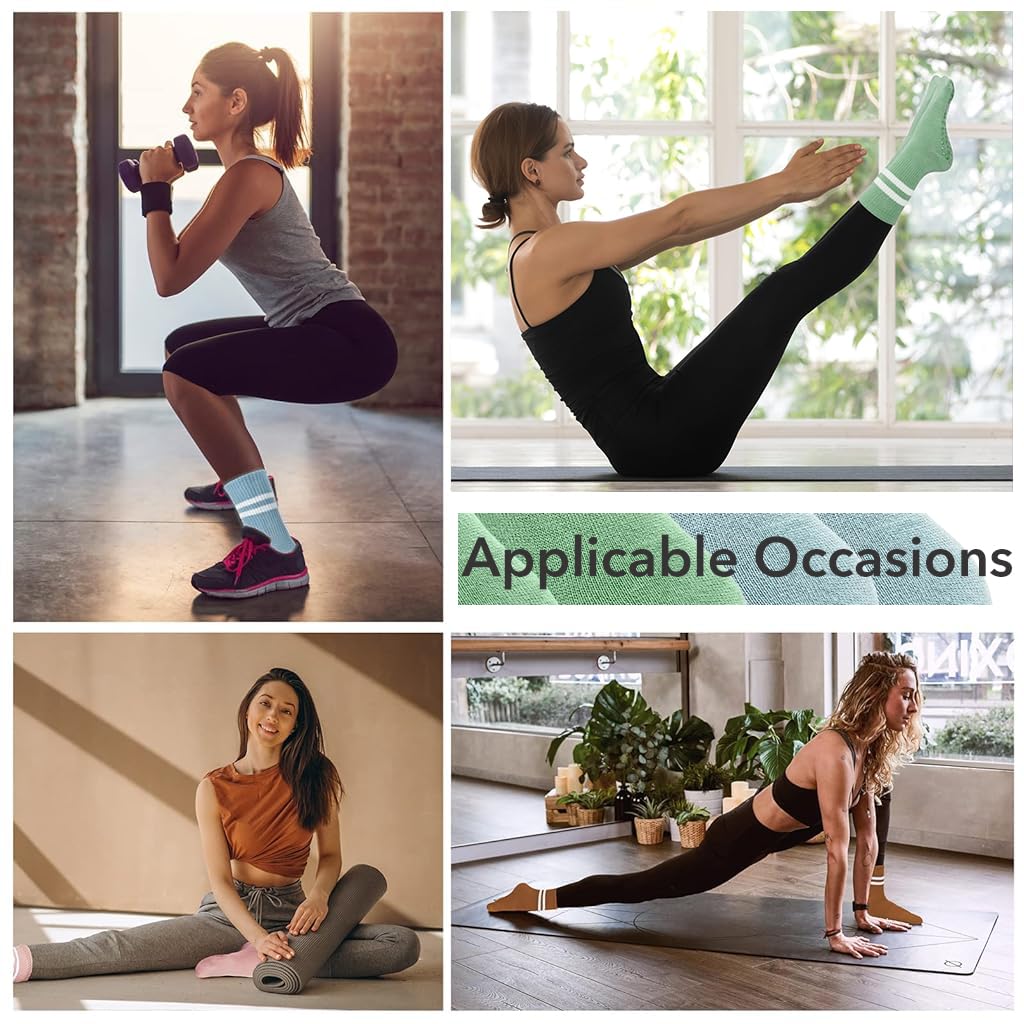 Proberos Yoga Socks for Women with Anti Slip Grip and Moisture Wicking Cotton | 2 Pairs Blue & Green