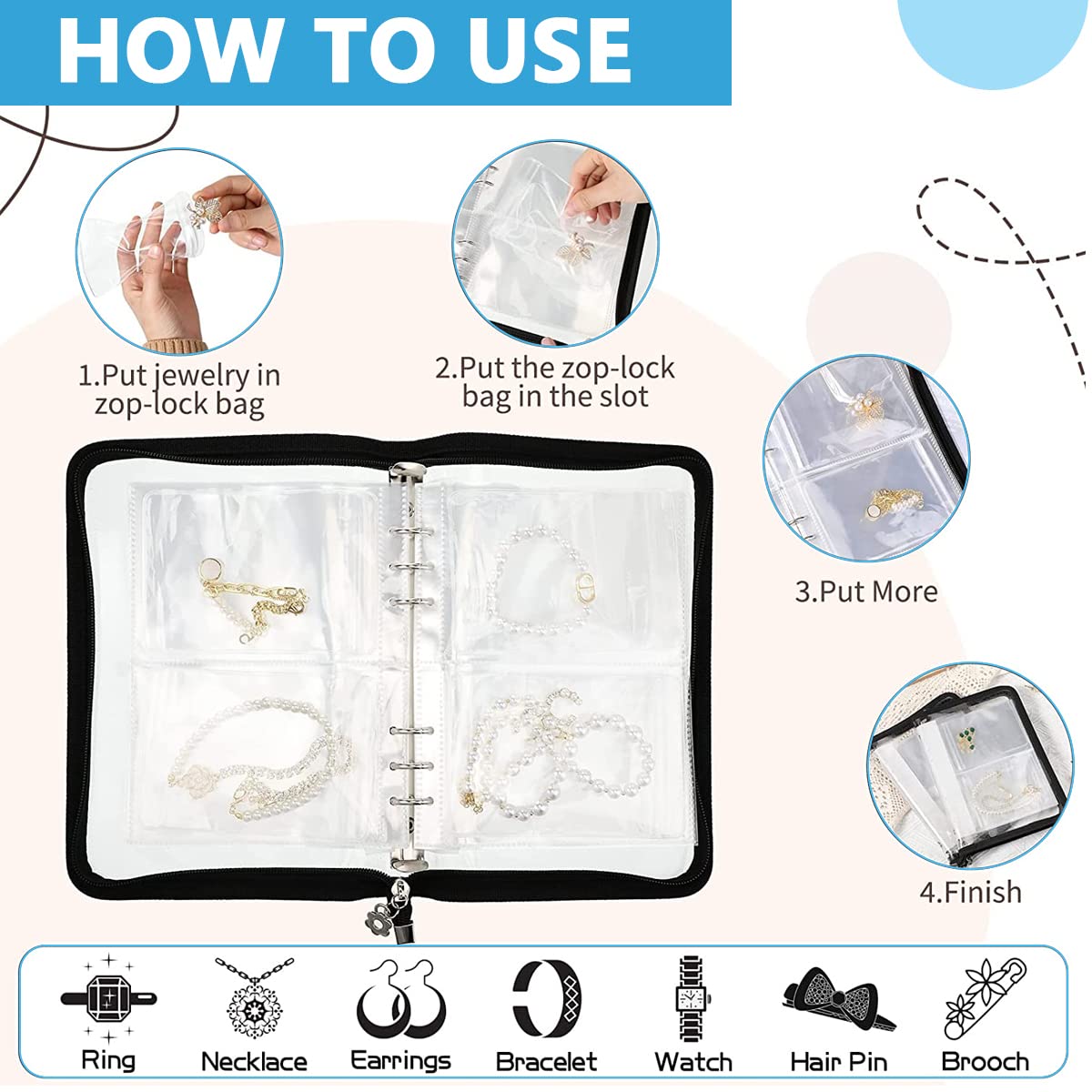 MAYCREATE Transparent Jewelry Storage Book with 60 Pockets for Rings Necklaces and Bracelets | Black 3PCS