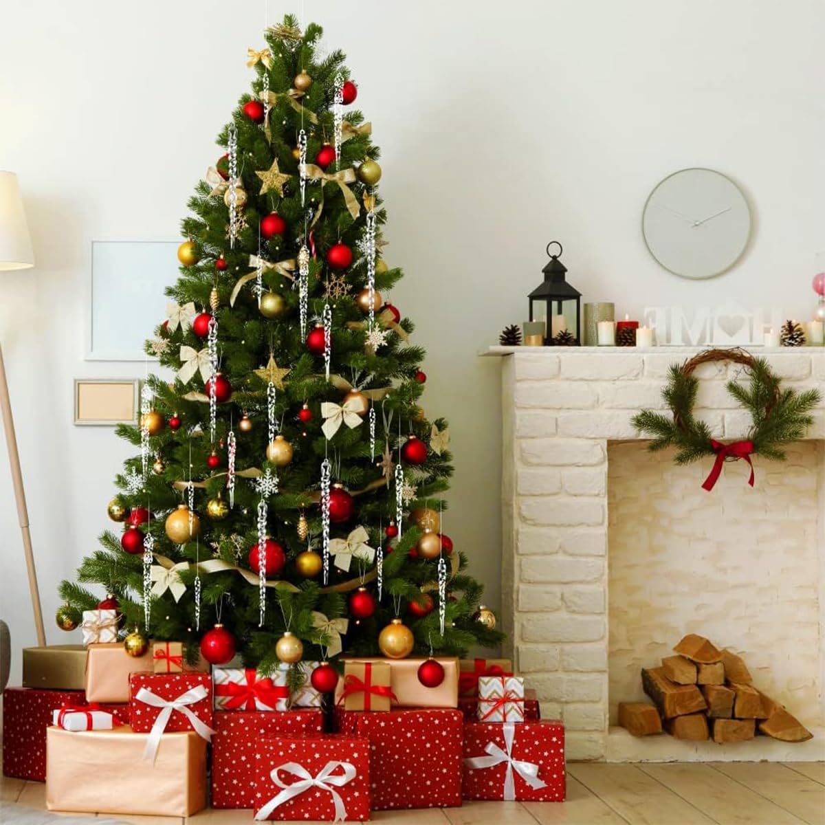 ZIBUYU® 24Pcs Christmas Tree Decoration Items Ornaments for Christmas Tree 4 Sizes Decorative Resin Christmas Tree Icicle Ornaments Multi Purpose Hanging Ornaments, with one roll of line