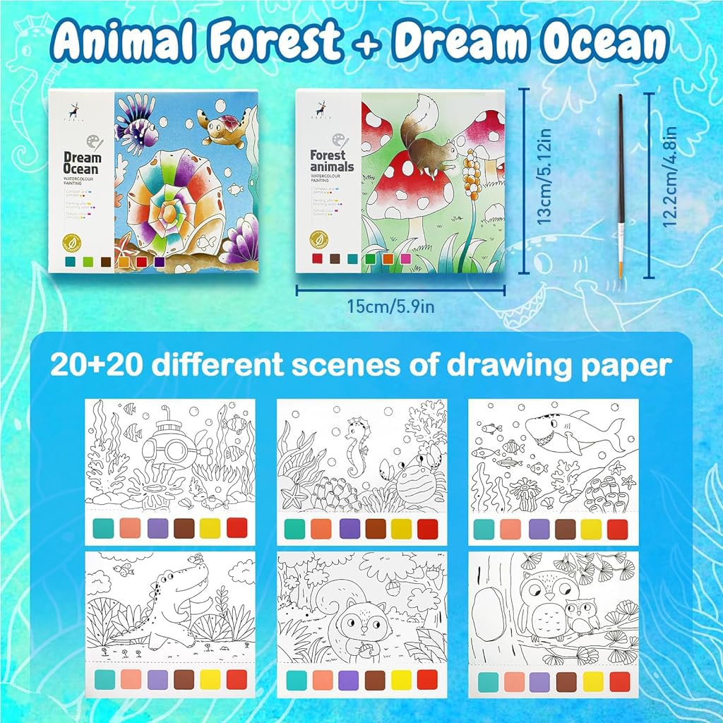 PATPAT® 2Pcs Kids Watercolor Painting Book for Kids Age 3+ Water Painting Book with Paint Brush, Hard Paper Water Colouring Book with Pigments, Water Colour Book for Painting Children's Day Gift