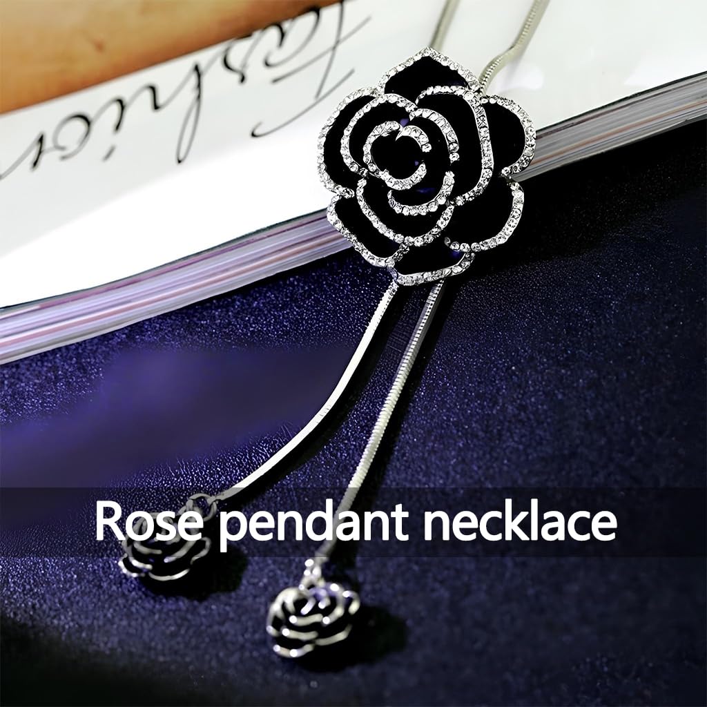 Zibuyu Pendant Necklace for Women featuring Adjustable Camellia Chain with Black Crystal | Elegant Jewelry for Evening and Winter Outfits