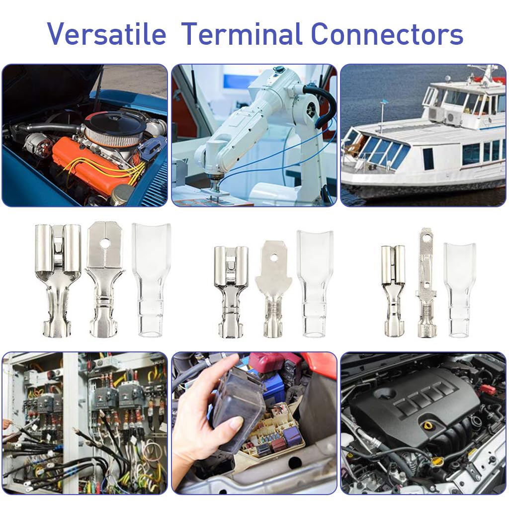 Serplex® 270Pcs Terminal Connectors Kit Assorted Sized Electrical Wire Connectors 2.8mm/4.8mm/6.3mm Paired Male & Female Spade Spade Connectors Wire Crimp Terminal Blocks with Insulating Sleeves