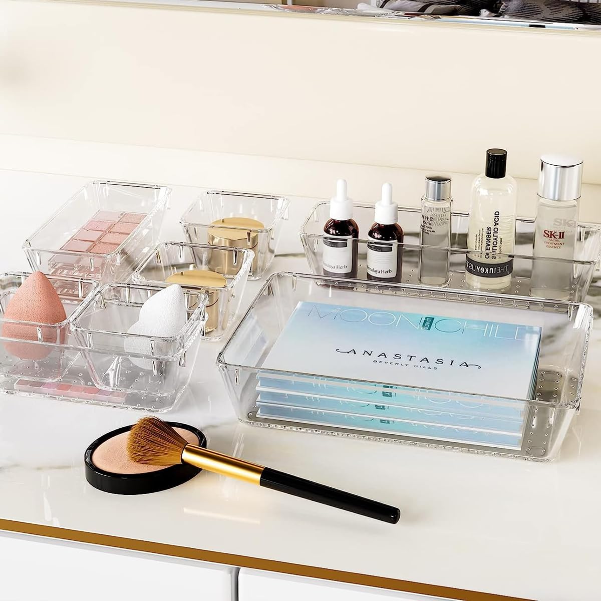 HASTHIP 25-Piece Clear Plastic Drawer Organizer Set - Multi-Size Makeup & Jewelry Storage - Non-Slip, Stackable Bins for Office, Kitchen & Vanity - Versatile Organizing Solution for Home & Workspace