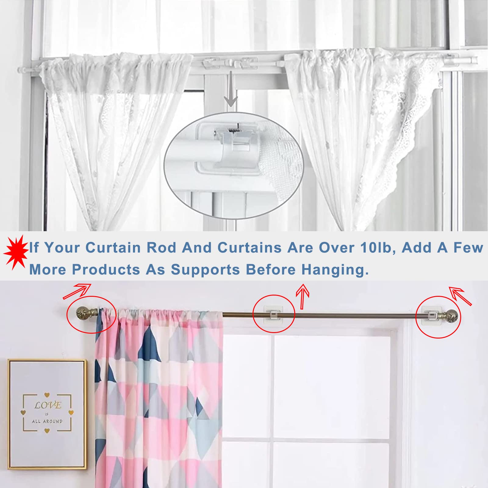 ZIBUYU Window Curtain Rod Brackets for 2mm Rods with No Drill Adhesive Mount | 6Pcs Clear Set