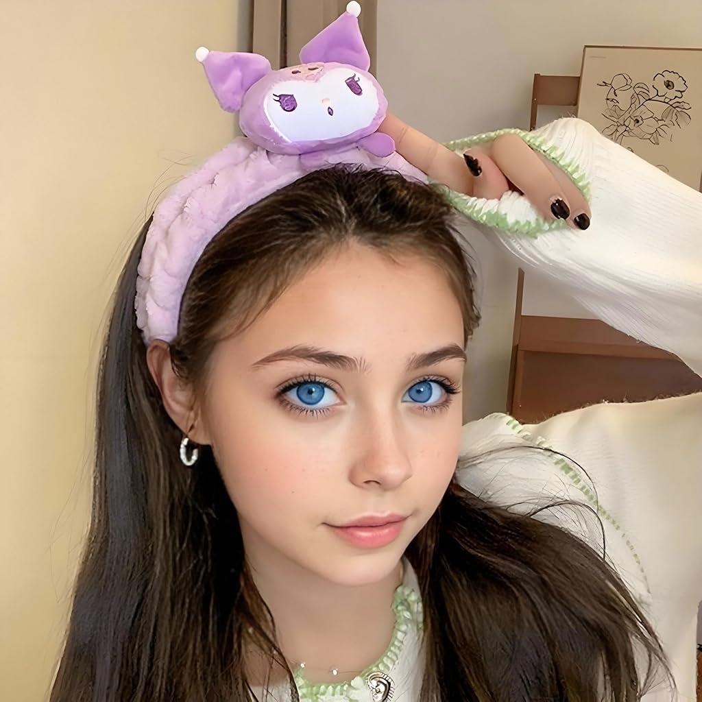 HASTHIP® Kawaii Kuromi Headpieces Gift Set of 9Pcs Kuromi Merchandise Includes Spa Plush Headband, Cartoon Headband, Scrunchy, Beaded Bracelet, Necklaces, Keyring, Stickers, Stationeries Pouch.