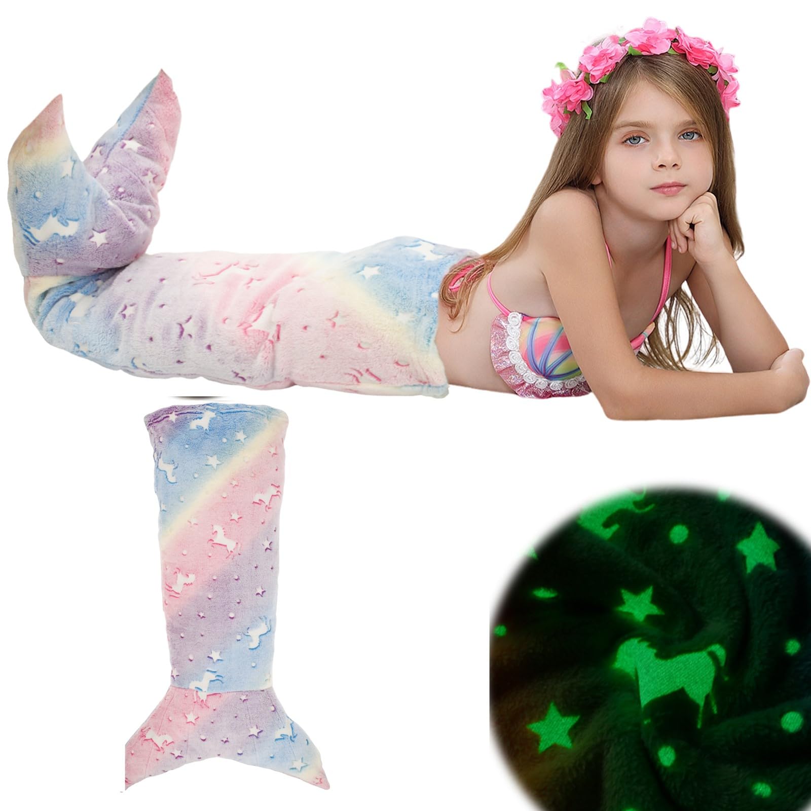 SNOWIE SOFT® Mermiad Tail Blanket for Kids, Flannel Cartoon Soft Blanket Glow in The Dark Kids Blanket Dreamy Travel Blanket Fish Tail Mermaid Blanket for Girls -Birthday Gift for Girls Kids