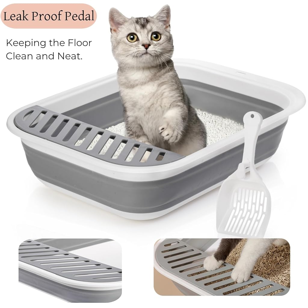 Qpets® Collapsible Cat Litter Box Large Size, Portable Travel Litter Tray with Scoop & High Sides, Space Saving Anti-Splash Anti-Tip Over Guar for Adult Cats & Kittens