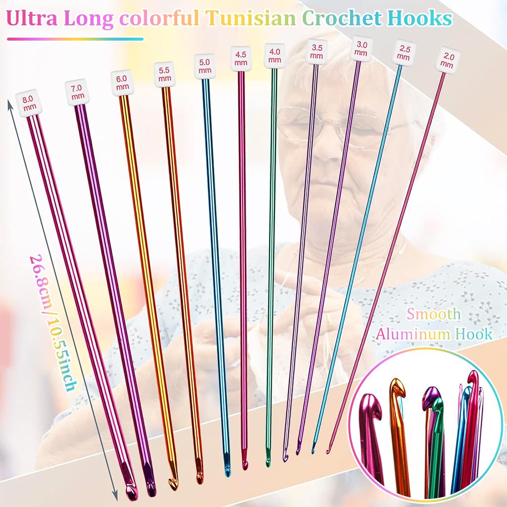 HASTHIP® 11PCS Long Crochet Hook Set, 2.0-8mm Aluminum Knitting Needles Set Crochet Hooks, Beginners Metal Multicolour Knitting Tools Set Knitting & Crochet Supplies for Beginners