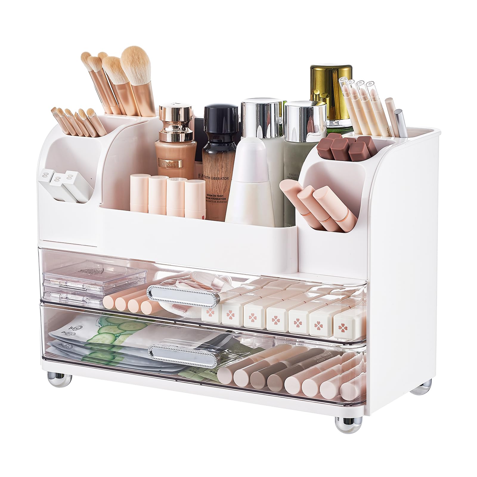 HASTHIP® Makeup Organizer Stand - Cosmetic Organizer Shelf with 2 Large Drawers Cosmetic Display Case with Brush Holders for Bathroom Countertop Skincare, Desk Office Supplies, White
