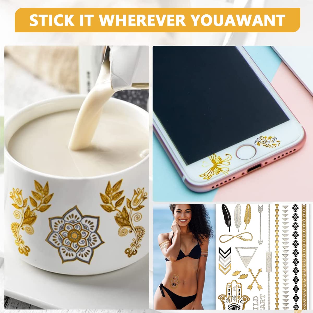 MAYCREATE Temporary Tattoo Stickers for Body Art featuring 9 Sheets 100pcs Waterproof Designs