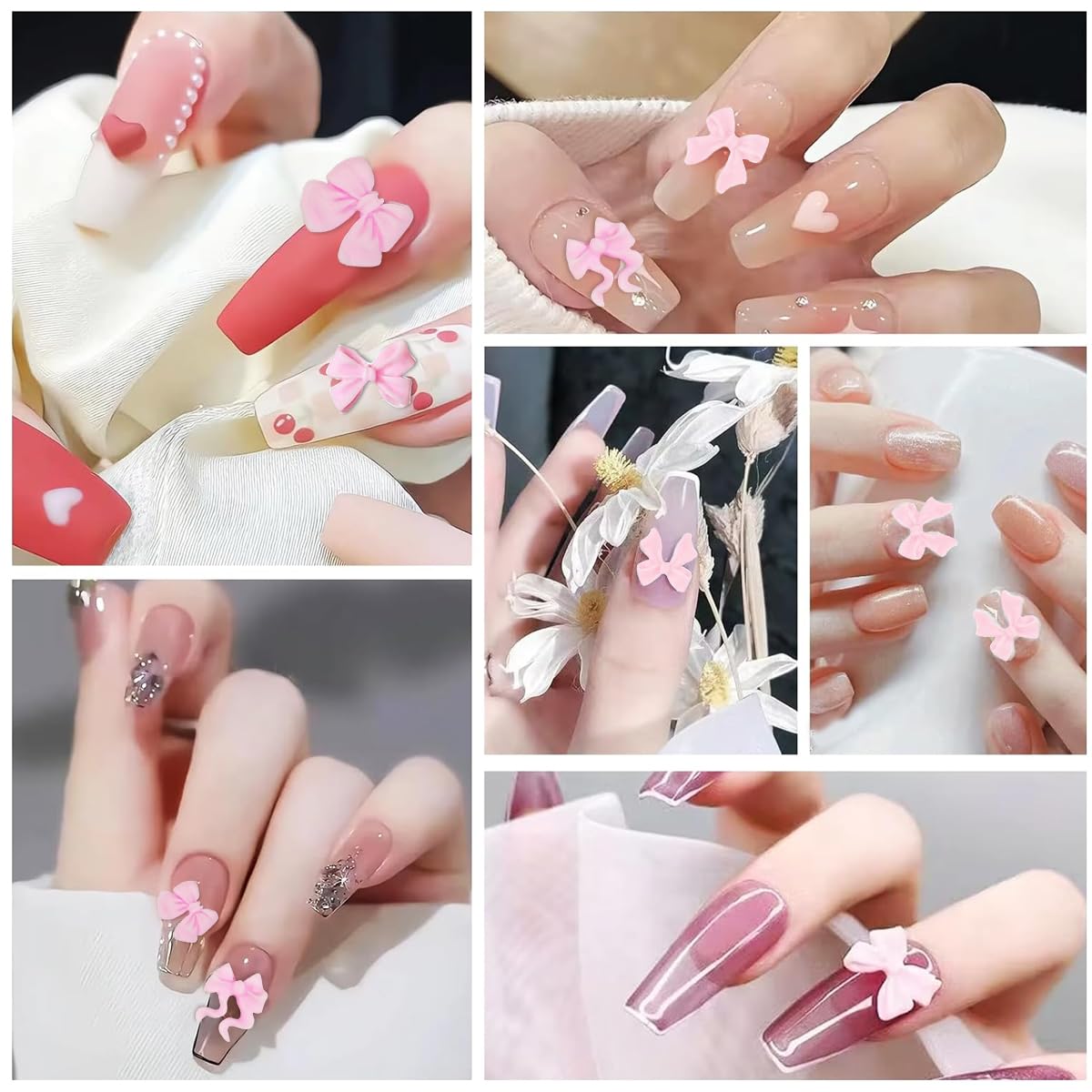 MAYCREATE Bow Nail Charms for DIY Nail Art with 6 Styles and Flatback Pearls | Pink Decoration