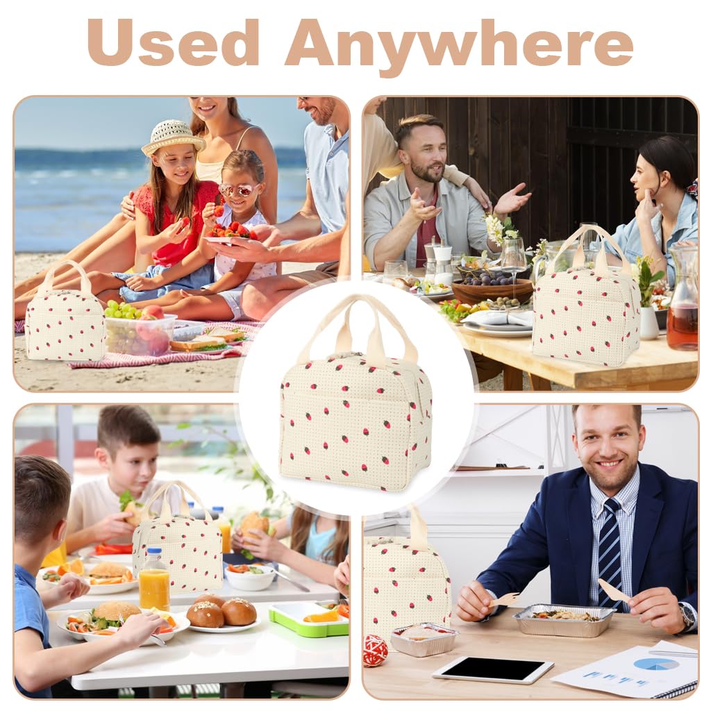 HASTHIP Insulated Lunch Bag for Office with Dual Zipper and 25.5x21x17cm Capacity | Corduroy Strawberry Design