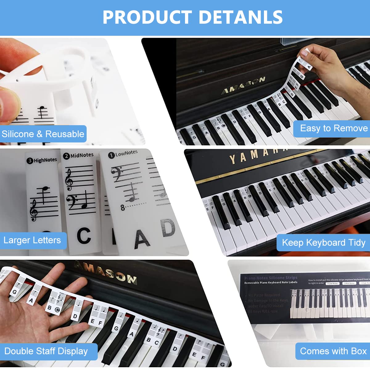 HASTHIP Silicone Piano Keyboard Labels for 61 Key Digital Piano with Removable Design | Practice Note Guide for Beginners