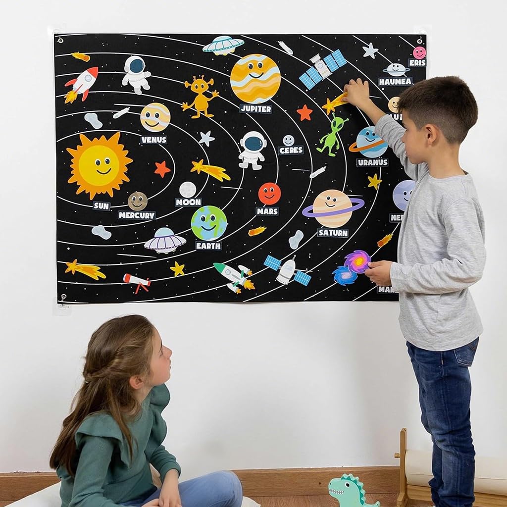 SNOWIE SOFT Solar System Busy Board for Toddlers 1-3 with 115×83cm Felt Backdrop | Montessori Sensory Learning Toy
