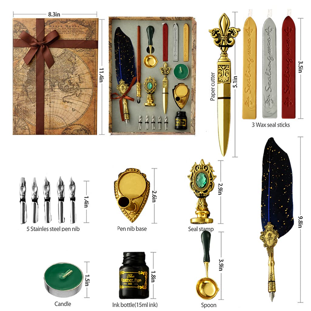 HASTHIP Quill Pen Ink Wax Seal Stamp Gift Set with 5 Nibs and Natural Feather | Blue